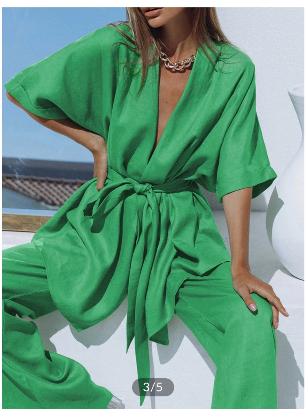 NWT Commense Green Wide-Leg Linen tied oversized Matching set Large